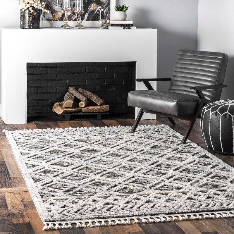 Nuloom 3x5 Ansley Moroccan Tassel Indoor Area Rug, Grey, High-Low Textured Bohemian Design, Plush High Pile, Stain Resistant, Bedroom, Living Room