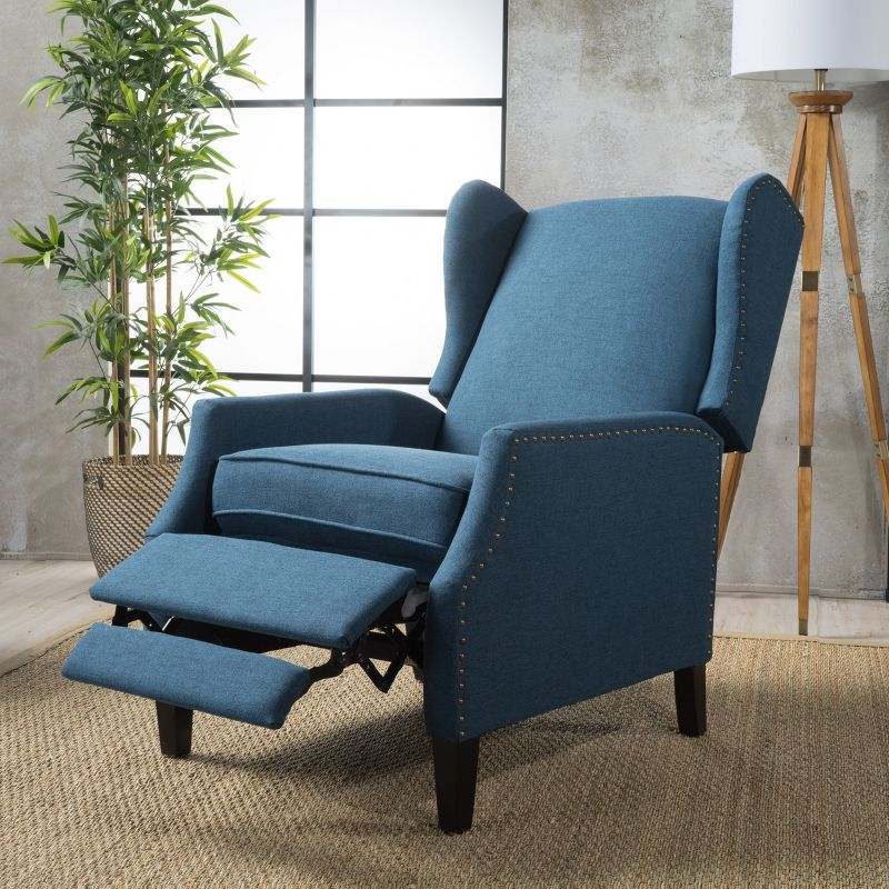 GDFStudio Weyland Contemporary Fabric Wingback Pushback Recliner with Nailhead Accents, Navy Blue