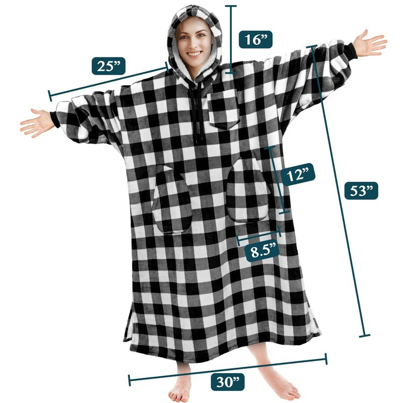 PAVILIA Wearable Blanket Hoodie Adults, Faux Shearling Cozy Oversized Hooded Sweatshirt, Warm Fleece Two Pockets (Checker White - Long, Adult)