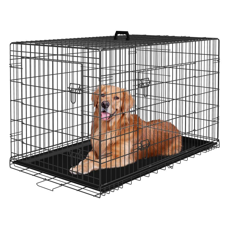 FDW 48 Inch Dog Crates for Large Dogs, Folding Mental Wire Crates Dog Kennels Pet Dog Cage Crate with Double-Door Removable Tray and Handle,Black