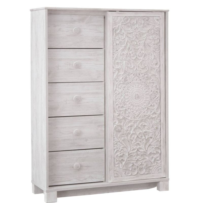 Paxberry Dressing Chest White Wash - Signature Design by Ashley: Boho-Chic 5-Drawer Storage, Carved Sliding Door