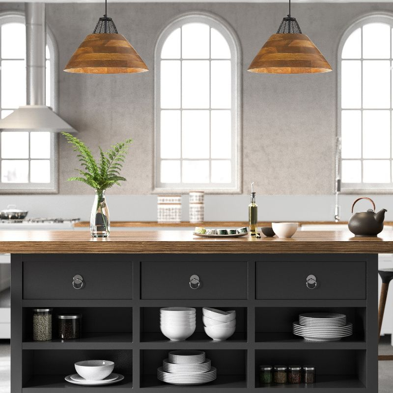 River of Goods 17.25" 1-Light Alainia Black Metal and Walnut-Stained Wood Pendant Light: Satin Finish, UL Listed, Adjustable Height
