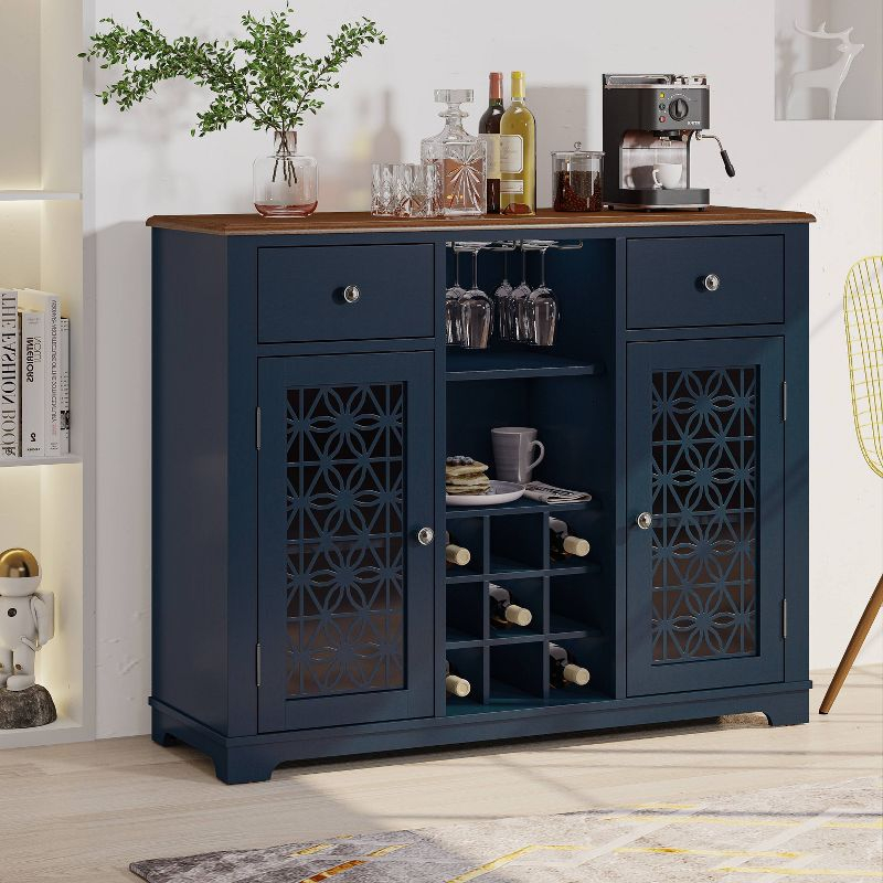 47" Wine Cabinet with Glass Doors Feature and Silk Screened Pattern Design Navy Blue - Festivo