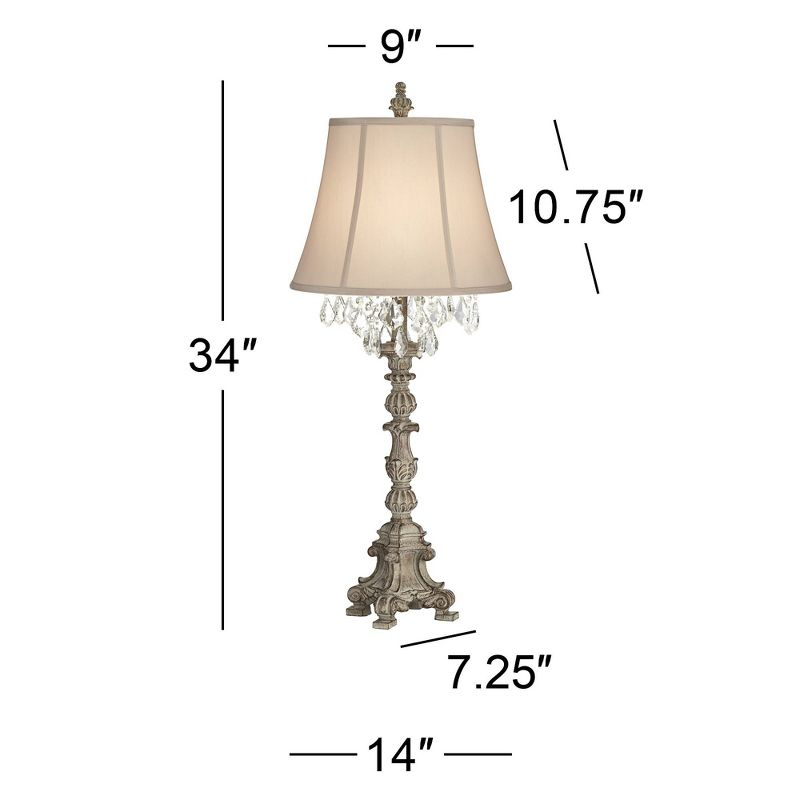 Barnes and Ivy Duval Traditional Table Lamp 34" Tall Distressed Antique White Candlestick Crystal Beige Fabric Bell Shade for Bedroom Living Room Home