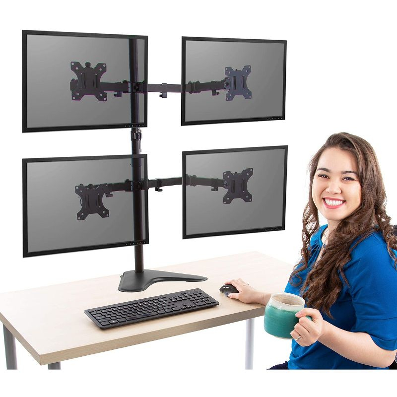Quadruple Monitor Mount  Freestanding Monitor Arm with 4 Adjustable VESA Mounts  Black  Stand Steady
