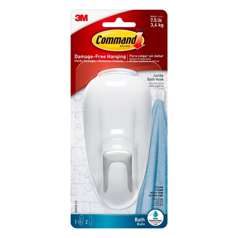 Command Large Bathroom Hook White: Heavy Duty Shower Hook