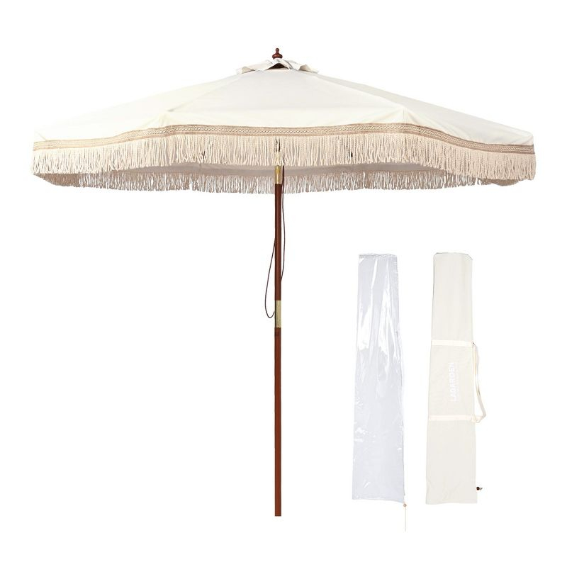 LAGarden BOHO 9' Fringe Patio Umbrella with Tassels UPF50+ Boho Style 5-Year-Non-Fading for Outdoor Yard Market Ivony Xchevron white