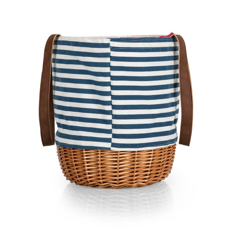 Picnic Time Coronado Canvas and Willow Basket Tote with Navy Blue and White Stripe