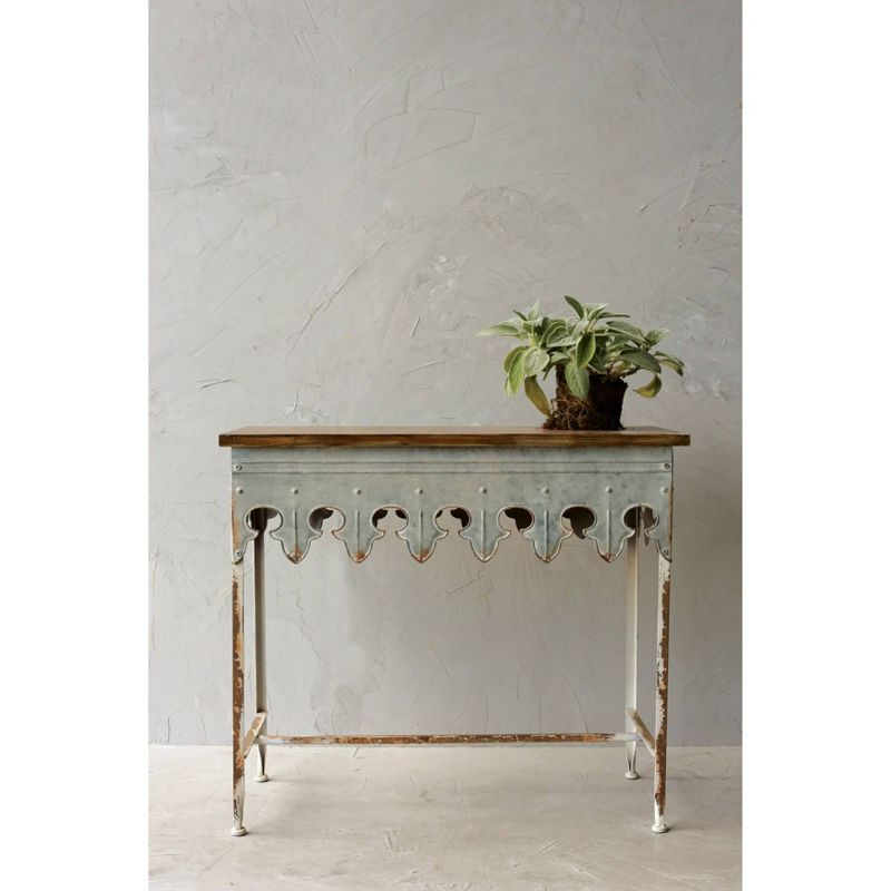Storied Home Scalloped Sofa Table Silver: Farmhouse Zinc-Finish, Fir Wood Top, 44 lbs Capacity