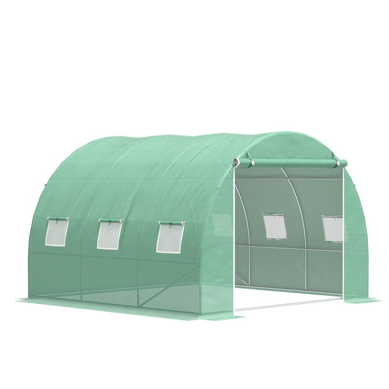 Outsunny 10' x 10' x 6.5' Walk-in Tunnel Hoop Greenhouse, Polyethylene PE Cover, Steel Frame, Roll-Up Zipper Door & Windows for Flowers, Vegetables