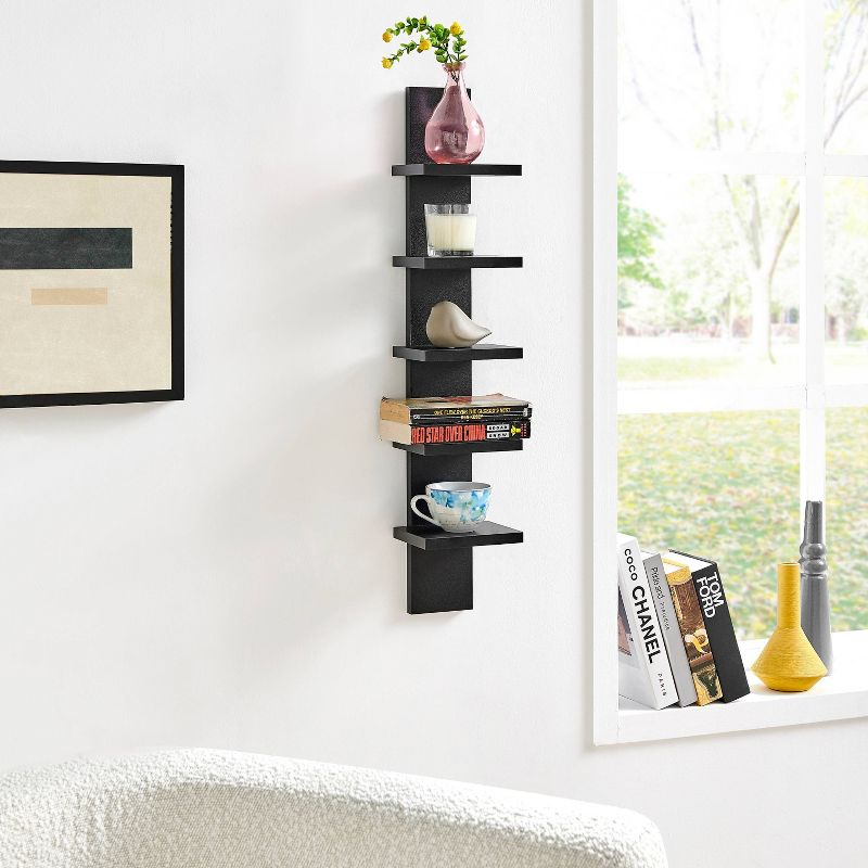 Danya B. 30" x 6" Slim Vertical Column Wall Shelf Black: Mid-Century Modern Laminated MDF, Iron Hardware, 5 Tiers