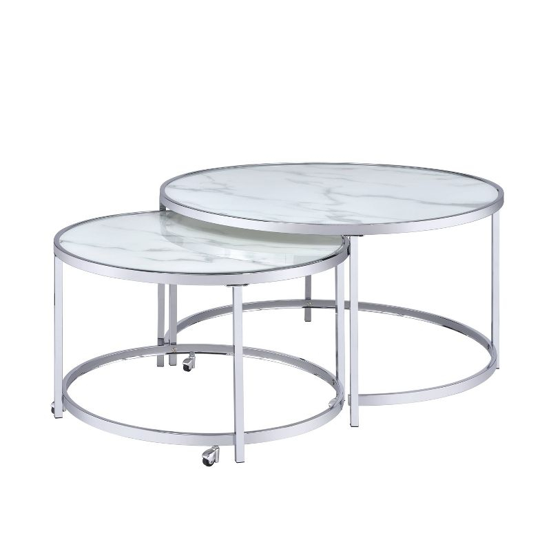 Rayne Nesting Cocktail Table White - Steve Silver Co.: Chrome Frame, Faux Marble Top, 2-Piece Set