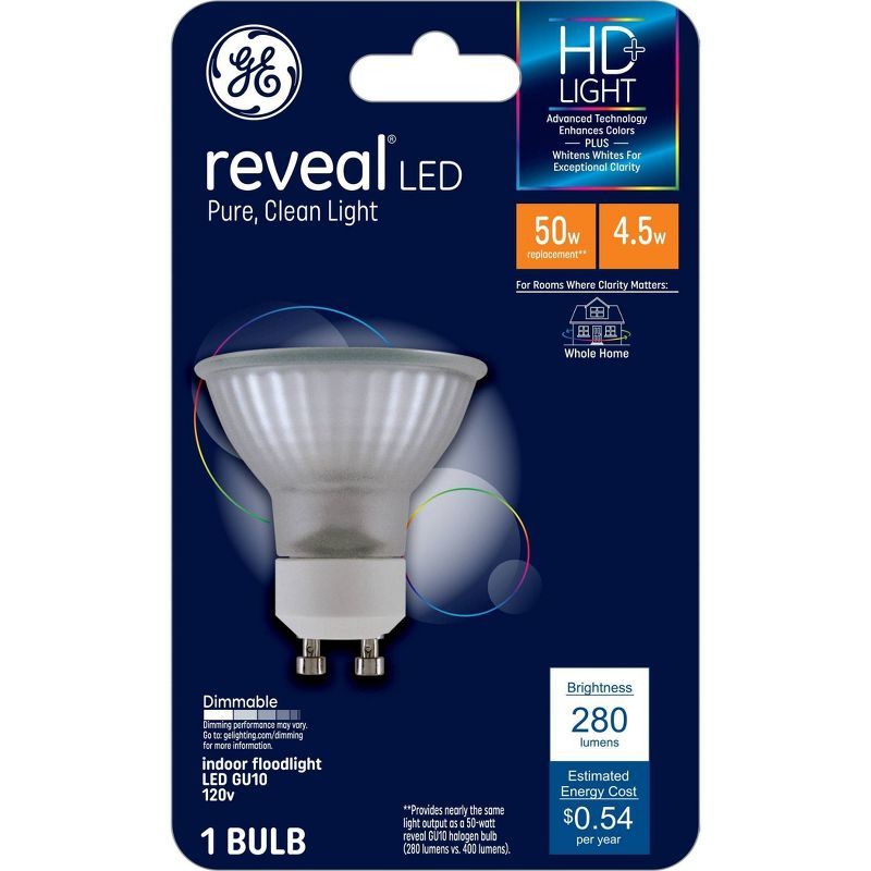 GE 50W Reveal PAR16 LED Light Bulb: GU10 Base, Dimmable, 400 Lumens, 2700K, 5W, 22.8-Year Life, Suitable for Damp Locations