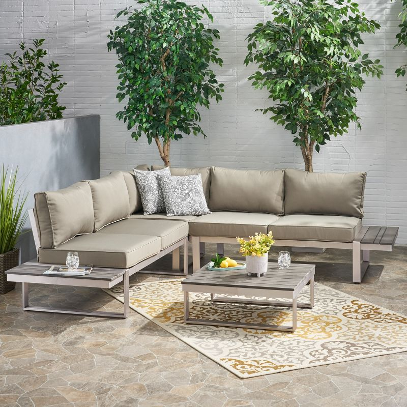 GDFStudio Johana Outdoor Aluminum V-Shaped 5 Seater Sofa Set with Cushions, Silver/Gray/Khaki