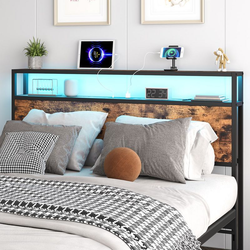 Full Size Headboard, Headboard with 2 Outlets, LED Lights and USB Ports, Adjustable Height, Storage Rack, Sturdy and Stable, Easy Assembly