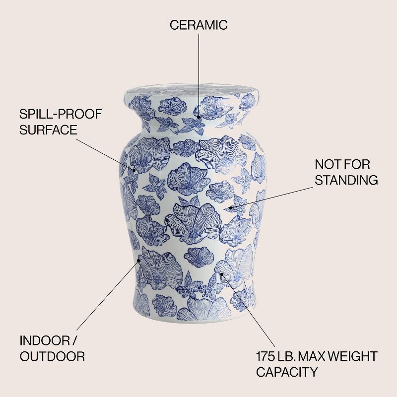 JONATHAN Y Poppies 17.7" Ceramic Garden Stool, White/Blue