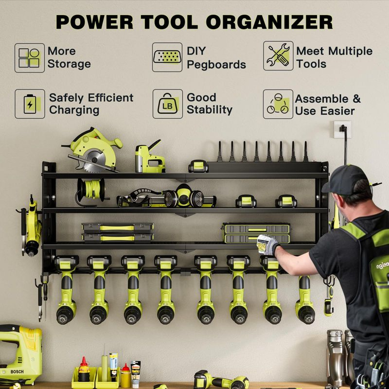 Hausource 4-Tier Tool Organizer Wall Mount Tool Storage Utility Shelf w/8 Drill Holder,Red/Black/Yellow