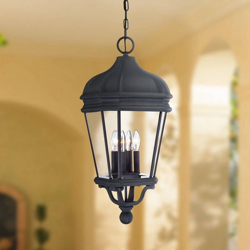 Minka Lavery Rustic Outdoor Hanging Light Fixture Black Damp Rated 28 3/4" Clear Beveled Glass for Post Exterior Porch Yard Patio