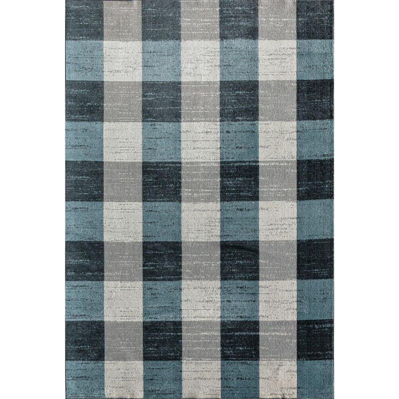 Rugs America Jaelyn JD65A Bedford Check Modern Contemporary Blue Area Rug for Dining Room Rug Neutral Rug Living Room Rug Kitchen, 2'6" x 8'