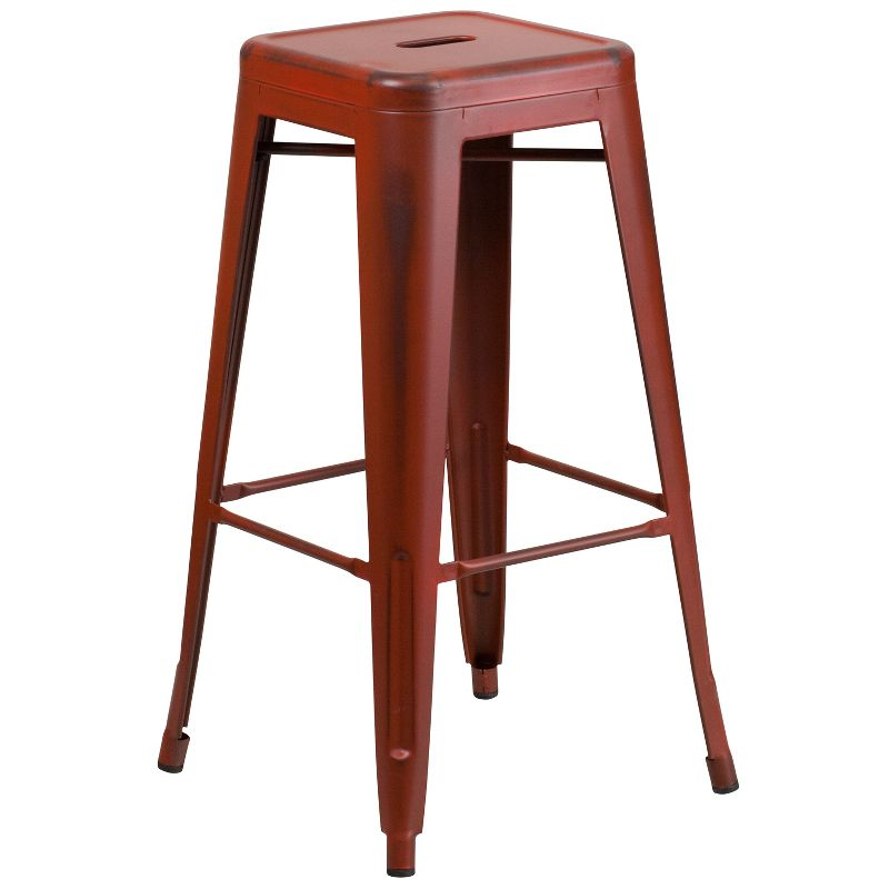 Merrick Lane Metal 30" Bar Height Stool with Distressed Kelly Red Powder Coated Finish and Integrated Floor Glides