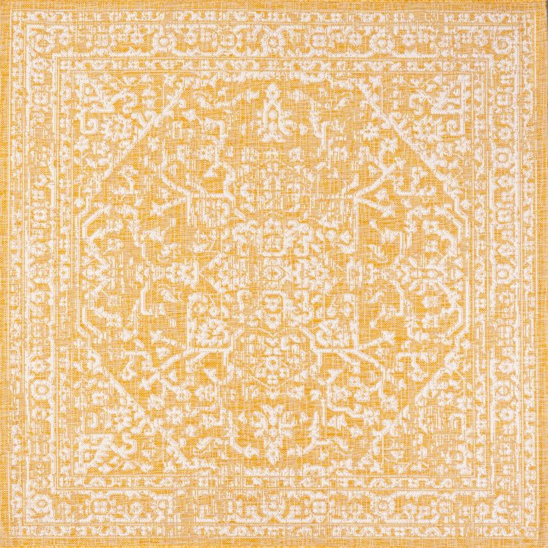5' x 5' Malta Bohemian Inspired Medallion Textured Weave Indoor/Outdoor Area Rug, Yellow/Cream - JONATHAN Y