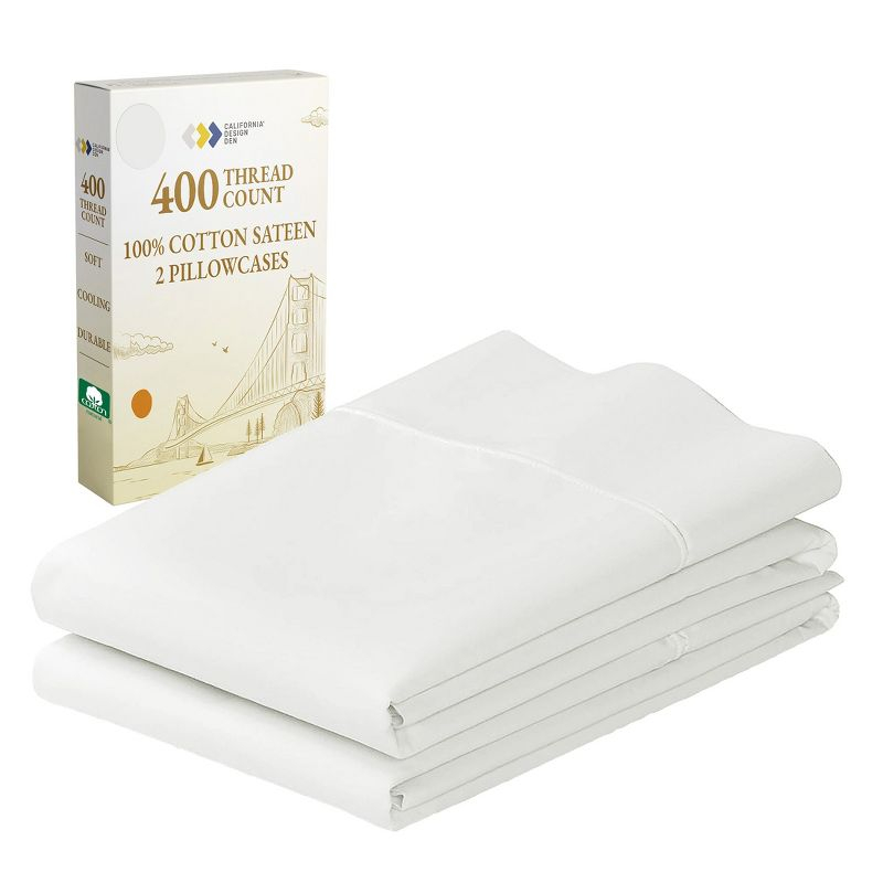 400 Thread Count Pillowcases, 100% Cotton Sateen, Soft & Cooling by California Design Den - Ivory, Standard/Queen Pillowcases