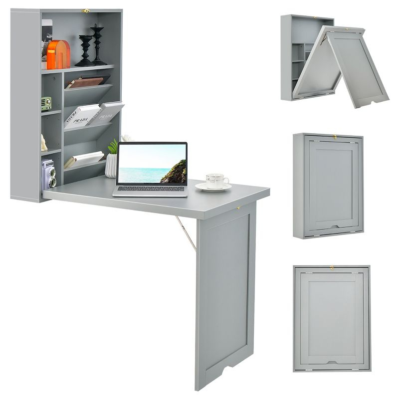 Costway Wall Mounted Computer Convertible Desk Floating Desk w/ Storage Bookcases Grey