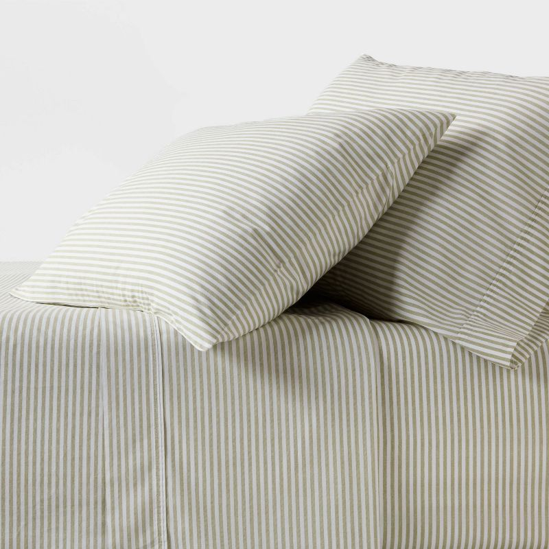 Queen 250 Thread Count Organic Percale Sheet Set Sage Green Stripe - Threshold™: GOTS & OEKO-TEX Certified, Includes 4pc