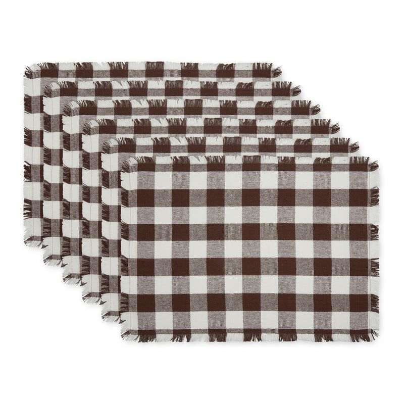 Design Imports Bark Brown Heavyweight Check Fringed Placemat Set/6