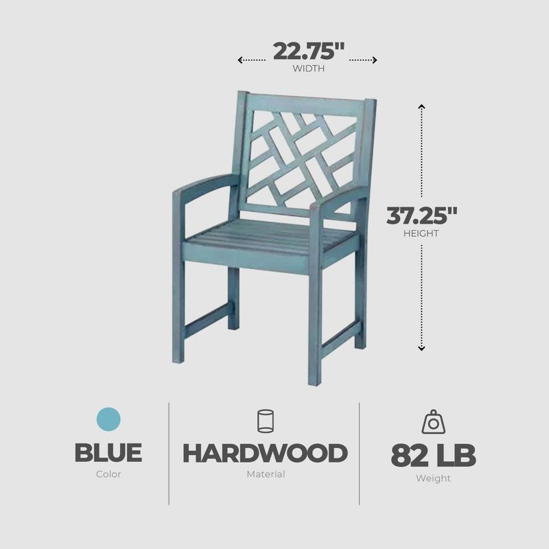 Four Seasons Courtyard 22 Inch Seat Distressed Hardwood Portland Patio Arm Chair with Brush Wire Finish and 250 Pound Maximum Capacity, Blue