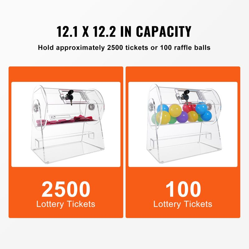 VEVOR Acrylic Raffle Drum, Professional Raffle Ticket Spinning Cage with 2 Keys, Transparent Lottery Spinning Drawing, Holds 2500 Tickets