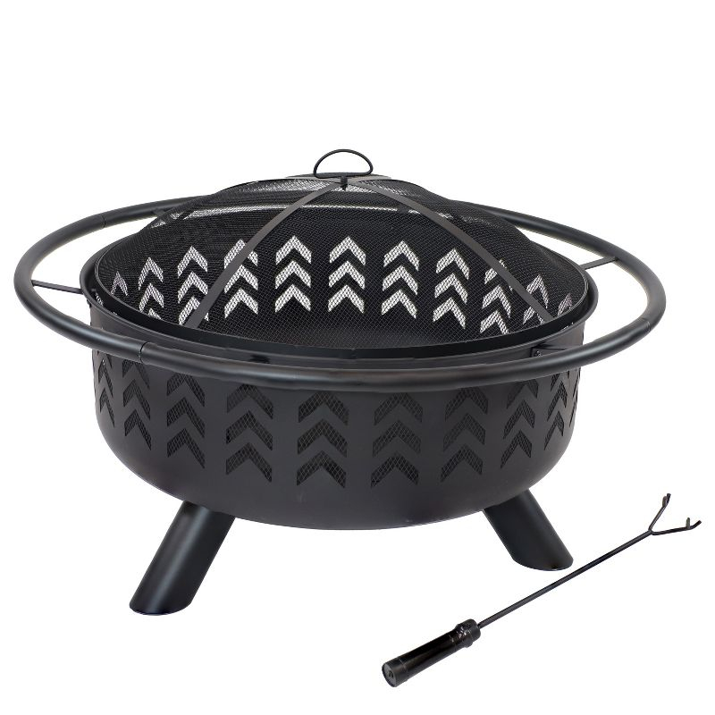 Sunnydaze Arrow Motif Heavy-Duty Steel Fire Pit with Spark Screen, Built-In Grate, and Cover - 36-Inch Round - Black