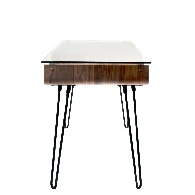 LumiSource Avery Mid Century Modern Desk Walnut : Tempered Glass Top, Wood & Metal Frame, All Purpose Drawer