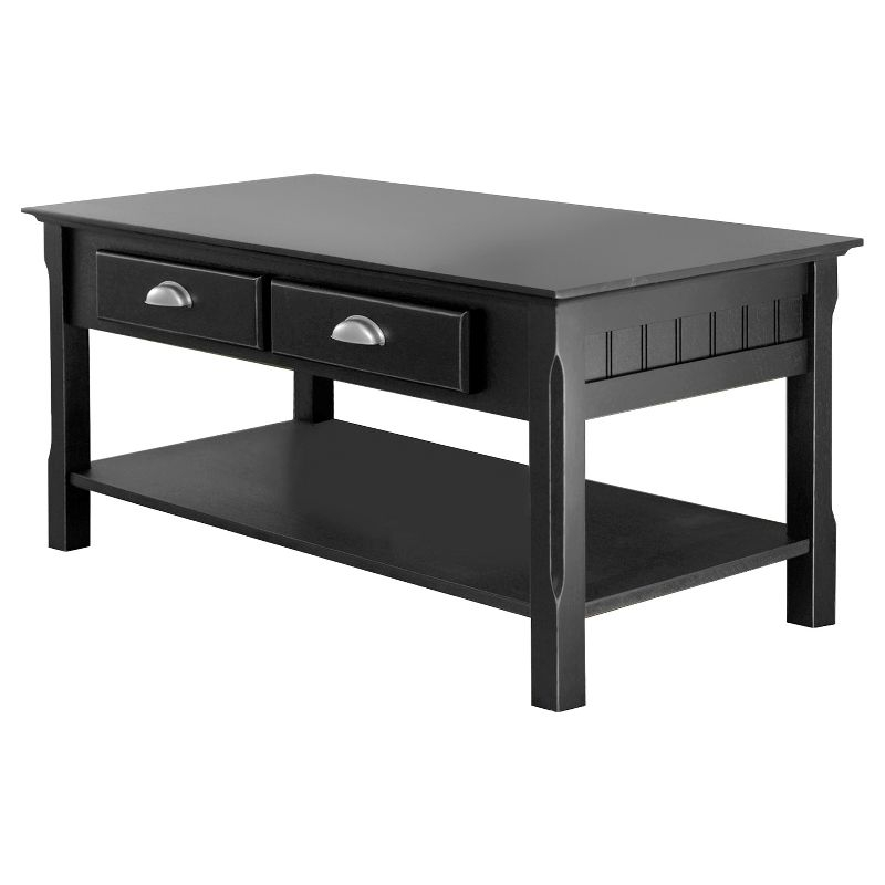 Timer Coffee Table, Drawers and Shelf - Black - Winsome: Solid Wood, Chrome Handle Accents