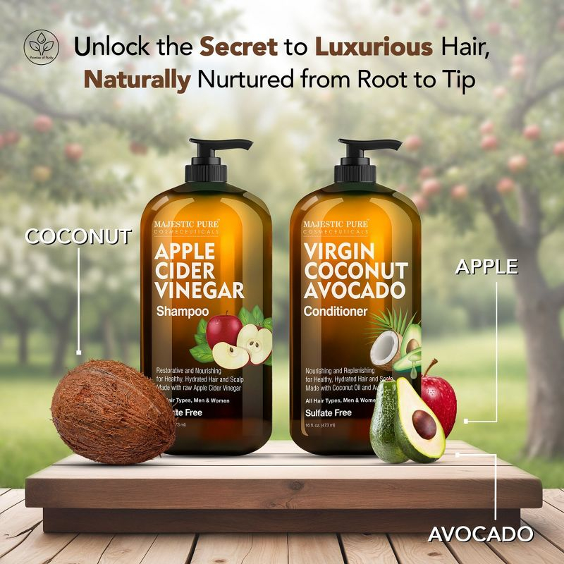 Majestic Pure Apple Cider Vinegar Shampoo & Avocado Coconut Conditioner Set - 16 Fl Oz Each