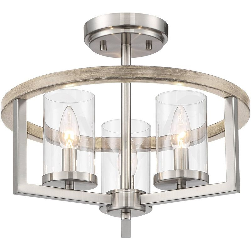 Possini Euro Design Senna Modern Industrial Ceiling Light Semi Flush Mount Fixture 15" Wide Brushed Nickel Gray Wood 3-Light Clear Glass for Bedroom