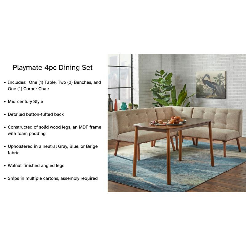 Buylateral 4pc Playmate Mid Century Modern Upholstered Breakfast Nook Dining Set Walnut/Beige: Versatile Upholstered Furniture, Rubberwood Frame
