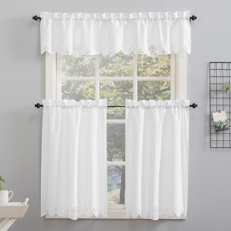 14"x58" Mariela Floral Trim Semi-Sheer Rod Pocket Kitchen Window Valance and Tiers Set White - No. 918: Light Filtering Kitchen Curtains Set