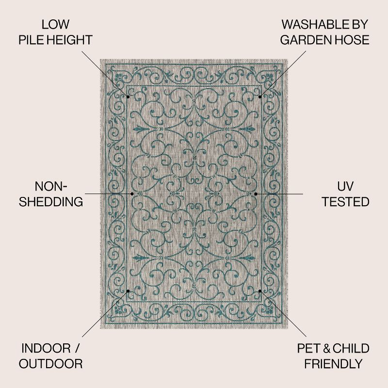 5'x8' Charleston Vintage Filigree Textured Weave Indoor/Outdoor Area Rug, Gray/Teal - JONATHAN Y