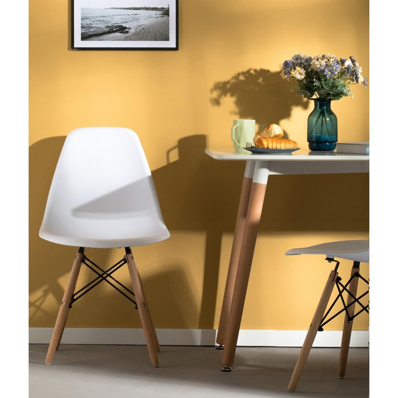 Fabulaxe Mid-Century Modern Style Plastic DSW Shell Dining Chair with Solid Beech Wooden Dowel Eiffel Legs, Set of 4 White