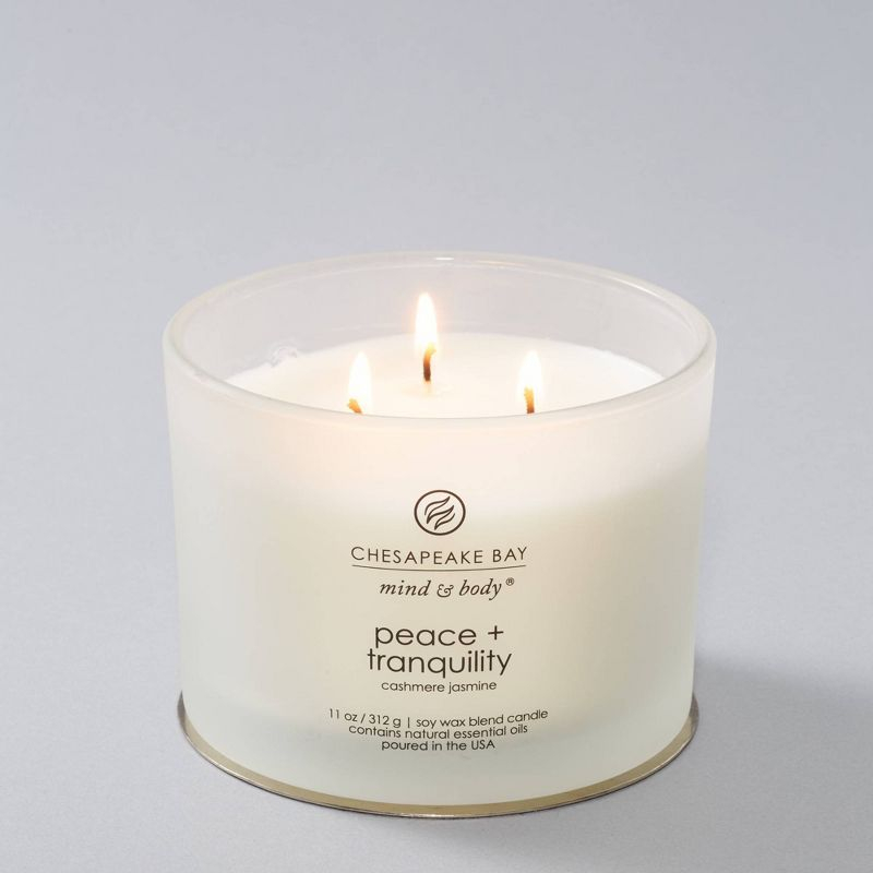 3-Wick Frosted Glass Peace + Tranquility Lidded Jar Candle White 11oz - Mind & Body by Chesapeake Bay Candle: Soy Wax Blend, Essential Oils