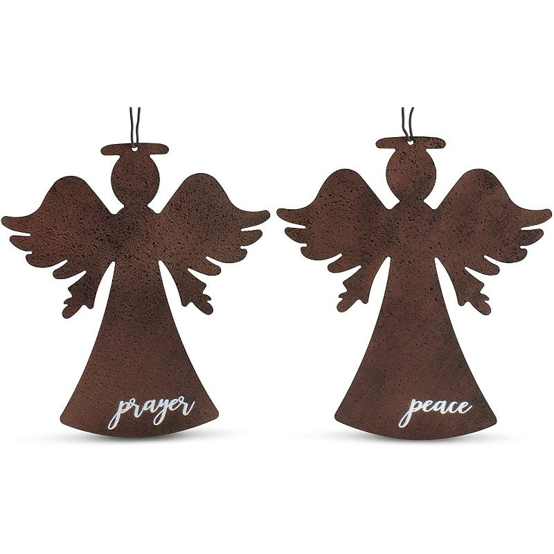 AuldHome Design Rustic Angel Christmas Ornaments (Set of 2, Rust Color); Metal Farmhouse Christmas Decorations