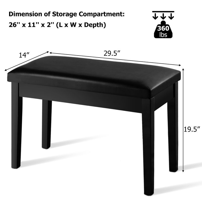 Tangkula PU Leather Piano Bench Solid Wood Padded Double Duet Keyboard Seat w/ Storage Box Black