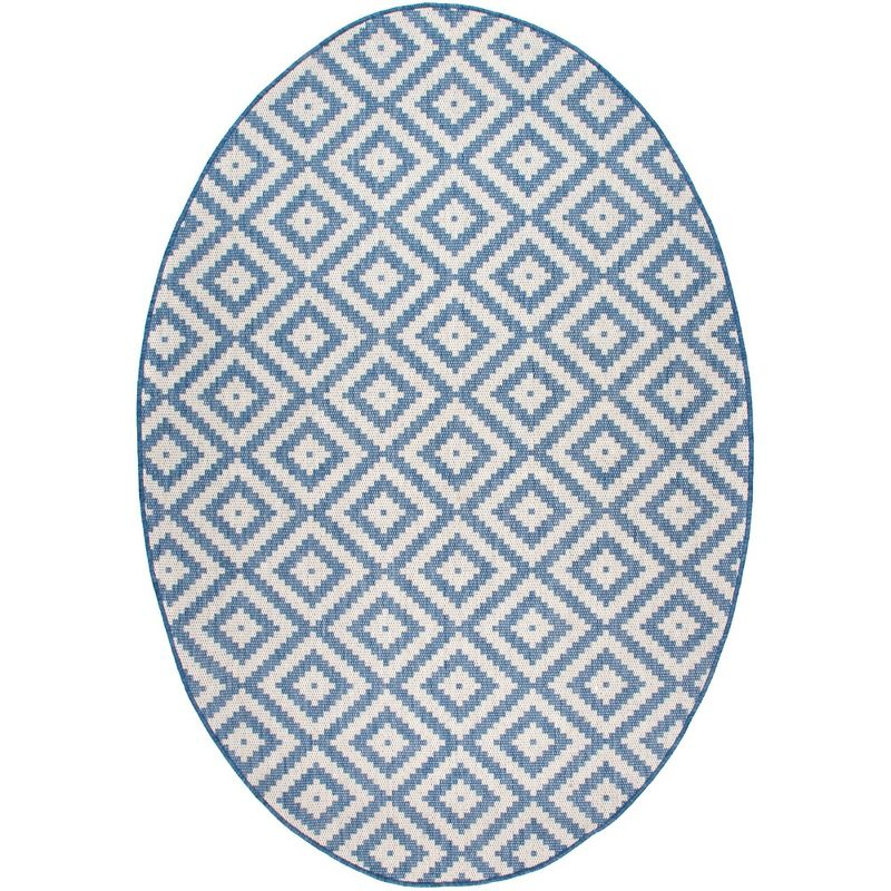 Nuloom Marybelle Geometric Oval 5x8 Indoor/Outdoor Area Rug for Living Room Patio Deck Front Porch Kitchen, Blue/Ivory