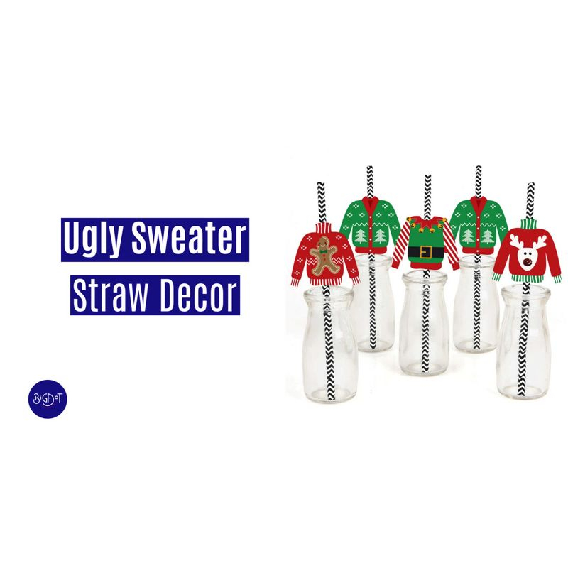 Big Dot of Happiness Ugly Sweater Paper Straw Decor - Holiday and Christmas Party Striped Decorative Straws - Set of 24