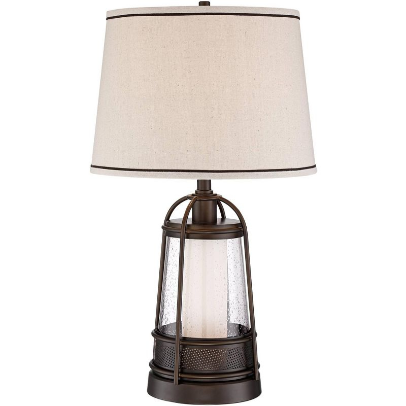 Franklin Iron Works Hugh Industrial Rustic Table Lamp 26" High Bronze Metal Seeded Glass with LED Nightlight Off White Shade for Bedroom Living Room