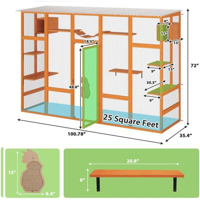 COZIWOW Outdoor Cat Enclosure, Catio Pet Safe House, 104" Extra Large Indoor Window Box with 7 Platforms, Resting Houses, and Walk-In Door, Orange