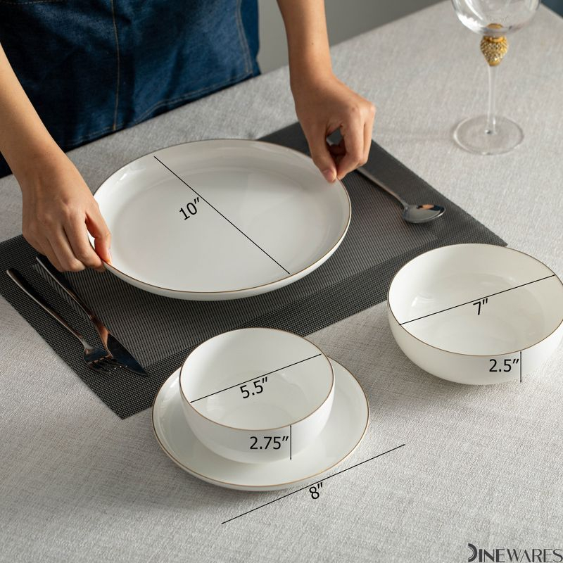 Dinewares White with Gold Rim Bone China Dinnerware Set - Service for 4, Includes Dinner Plates, Salad Plates, and Cereal or Soup Bowls
