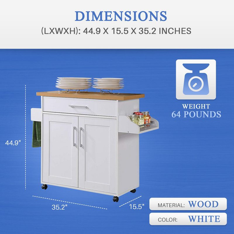 Hodedah Import Portable Kitchen Prep Storage Cart Island with Locking Wheels, Shelved Cabinet, Drawer, Spice Rack, and Towel Holder, Multicolor