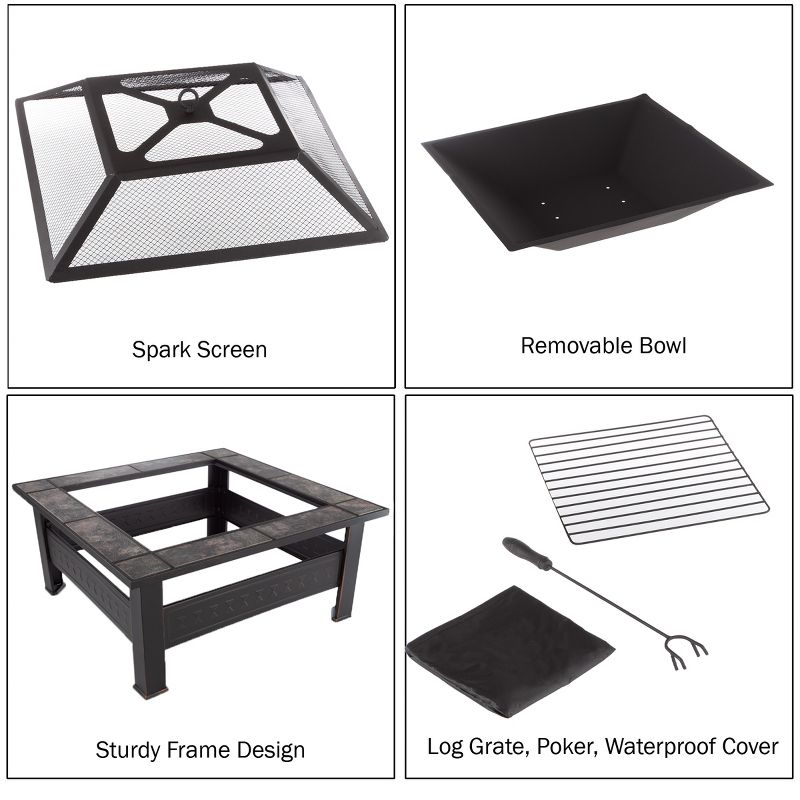 Nature Spring 32" Square Outdoor Fire Pit - Bronze Finish, Black/Orange Tiles